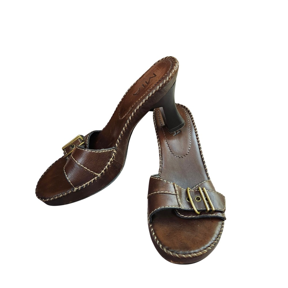 MIA Vintage Brown Leather Whipstitch Buckle Mule Sandals Flared Heel Brazil 8M